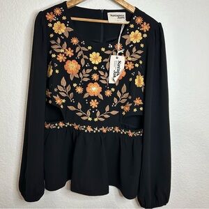 Savanna Jane Black Top with Orange and Yellow Embroidery and Waist Cut Outs
